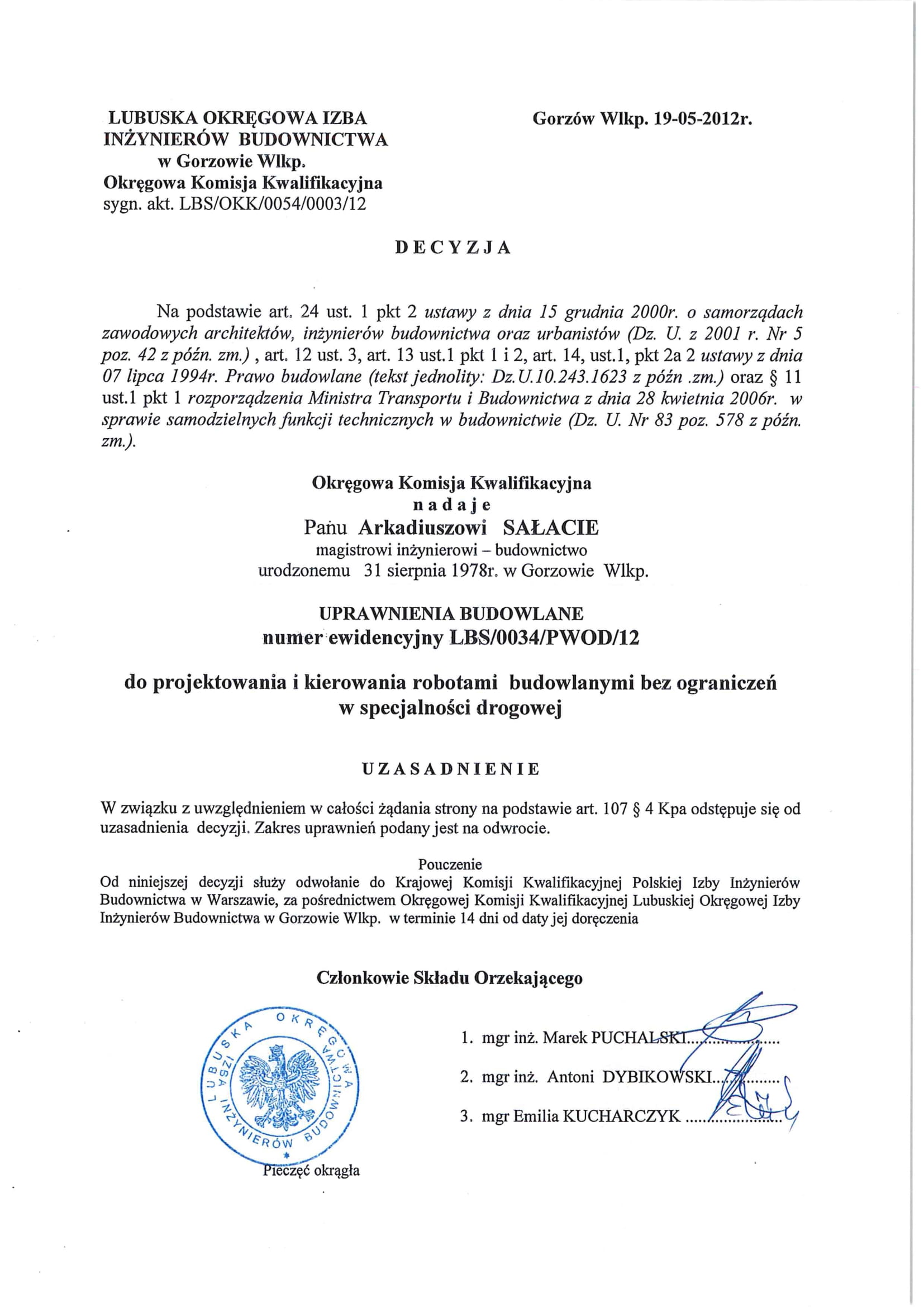 Uprawnienia budowlane w specjalności drogowej – Arkadiusz Sałata LBS/0034/PWOD/12