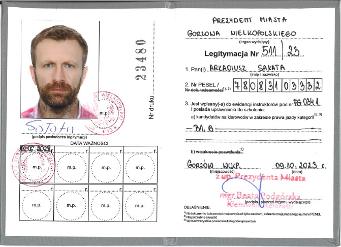 Legitymacja instruktora nauki jazdy – Arkadiusz Sałata nr 5M/23
