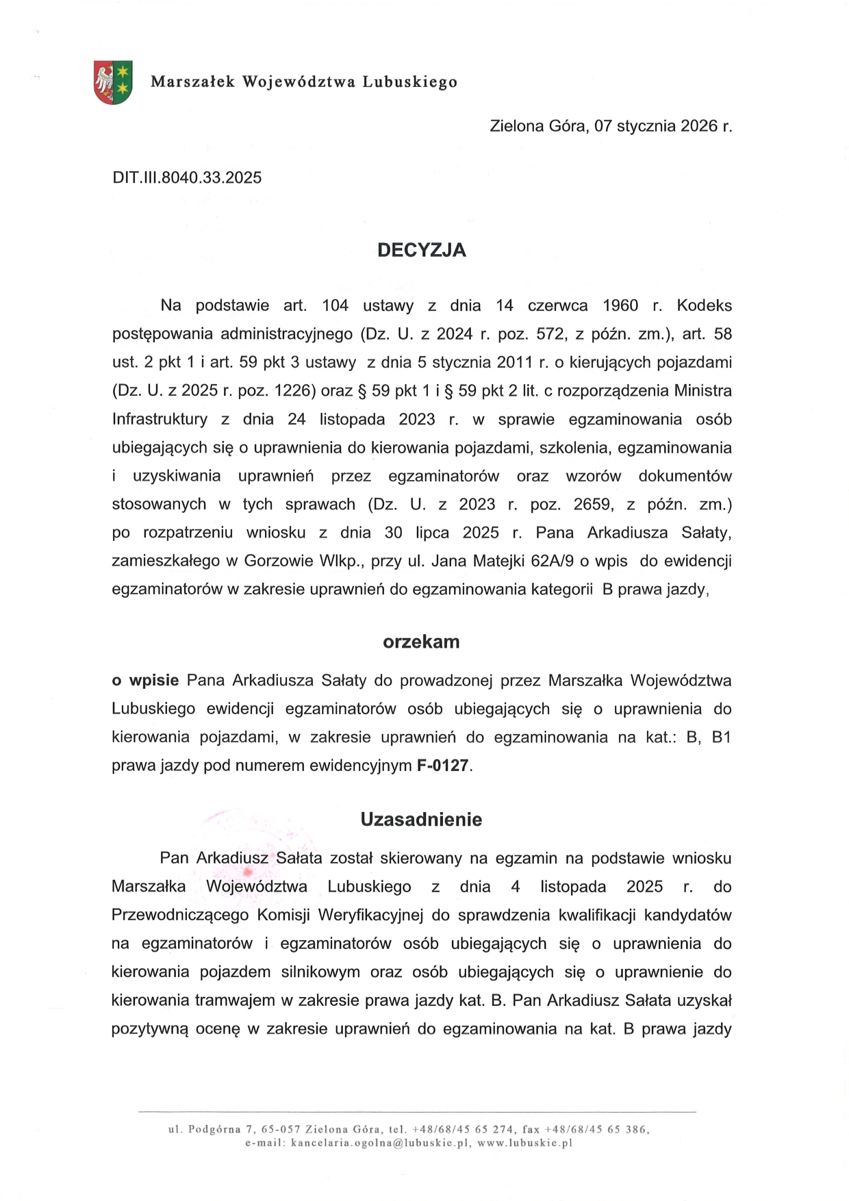 Decyzja o wpisie do ewidencji egzaminatorów – Arkadiusz Sałata nr F-0127